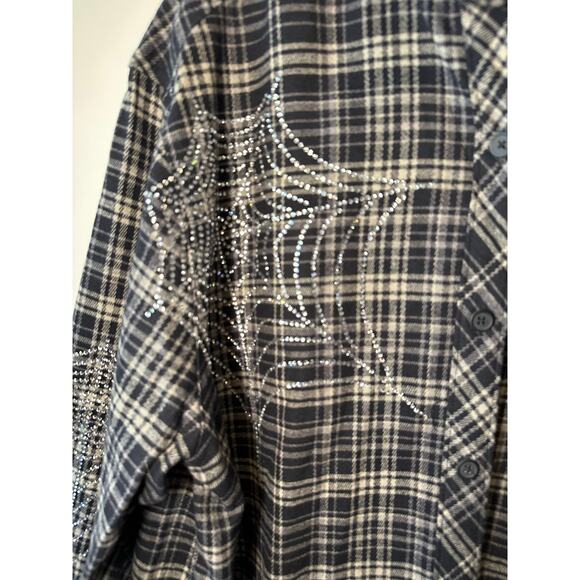 Broken Promises Rhinestone Spider Web Flannel Shirt XL Preloved Halloween - Picture 2 of 6
